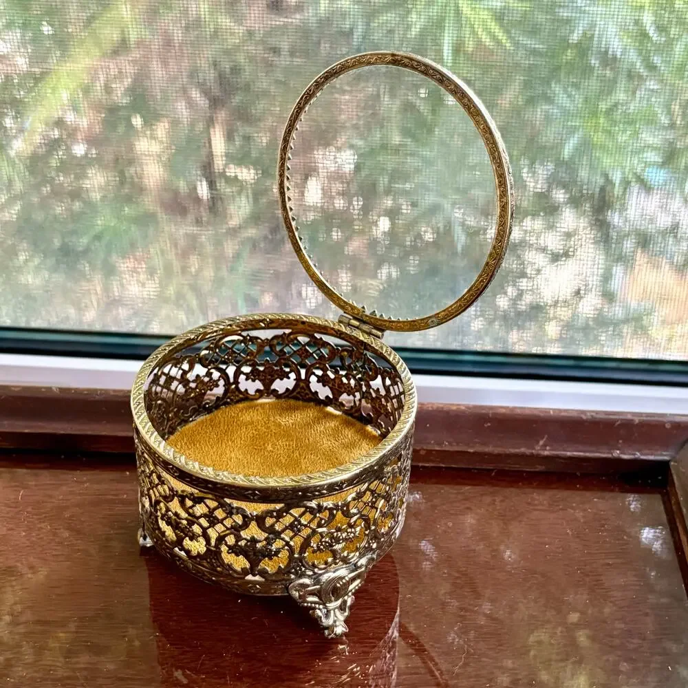 Vintage Gold Filigree Jewelry Casket Footed Trinket Box with Glass Lid